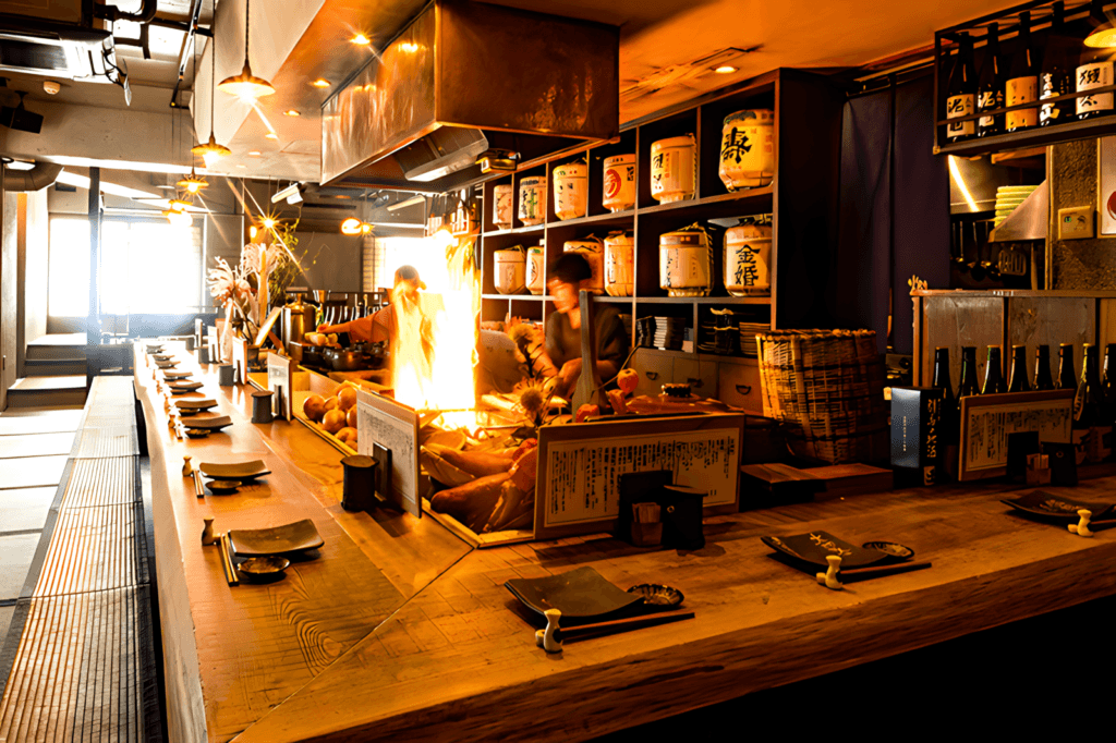 Traditional robatayaki dining at Kanagari in Shinjuku with grilled seasonal dishes and premium sake.