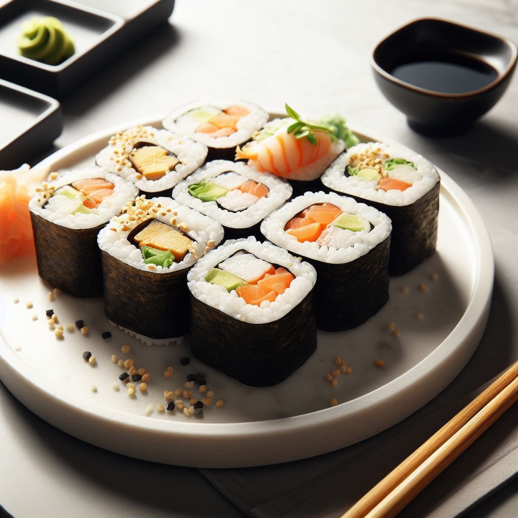 Assorted maki rolls presenting a playful ensemble of flavors and textures.