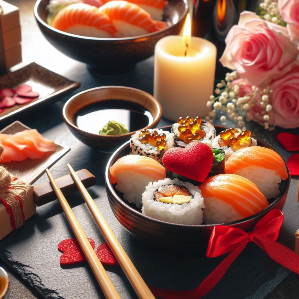 Sushi in a romantic setting, symbolizing the love affair with culinary artistry.