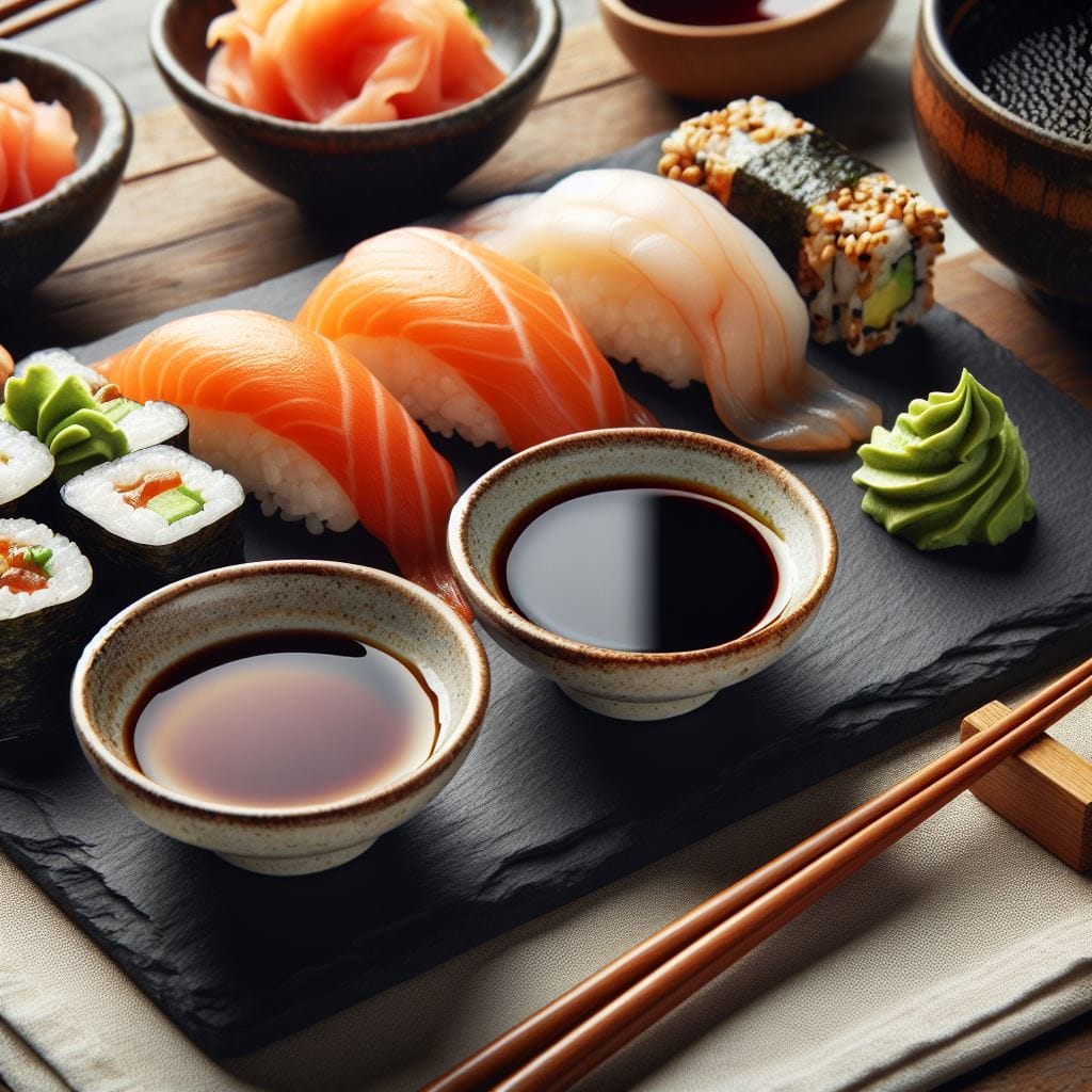 Soy sauce and wasabi, the perfect companions enhancing the sushi experience.