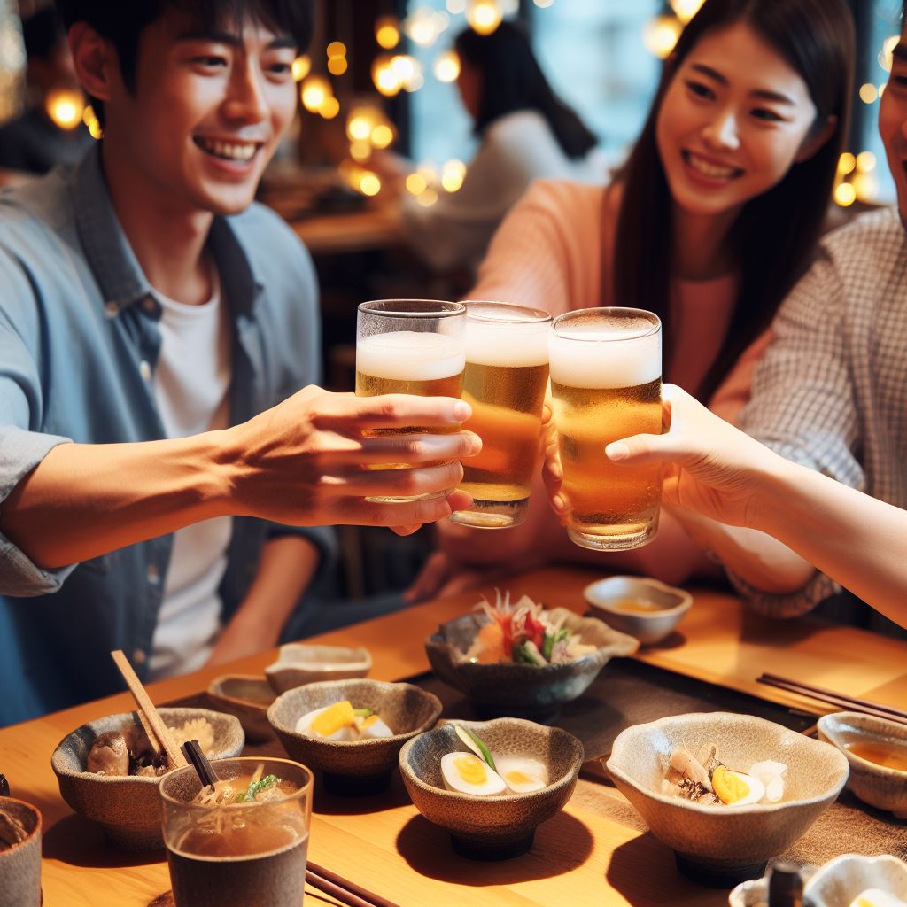 A group of people toasting drinks at a Japanese restaurant.