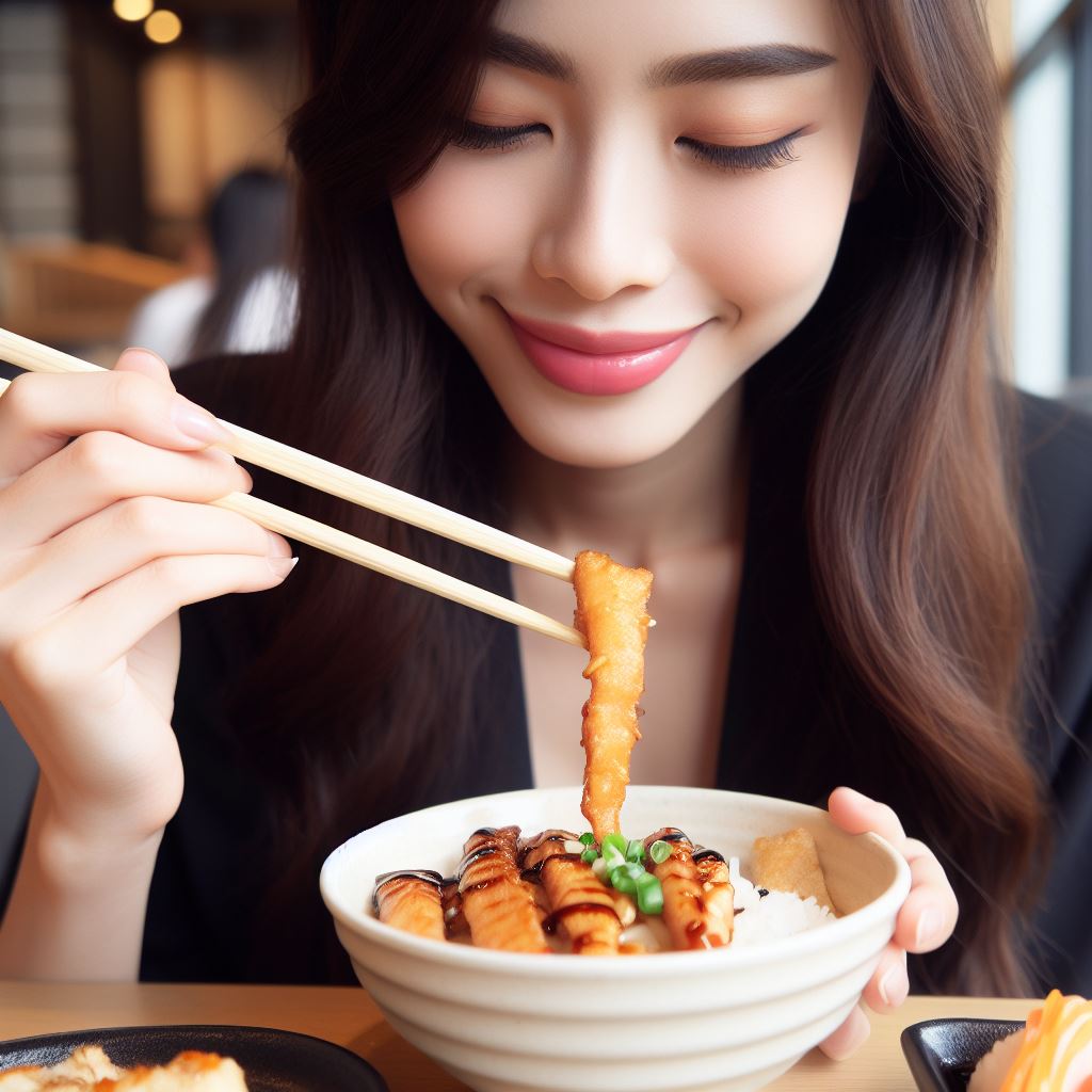 A photo of a person using chopsticks to eat Japanese food.